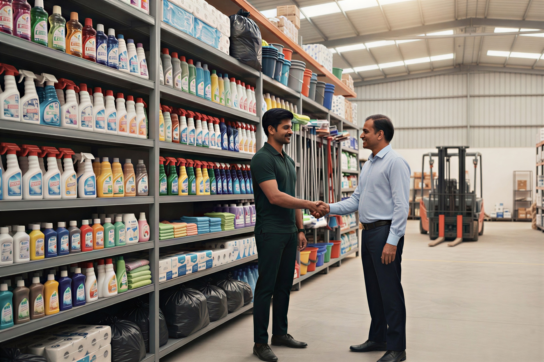 Business professional reviewing cleaning product supplies with a reliable cleaning items supplier in Noida